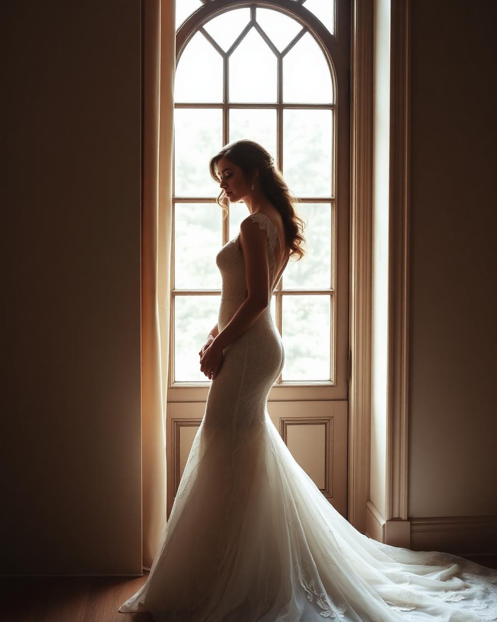 Bride in a lace gown standing quietly beside a tall arched window in soft daylight