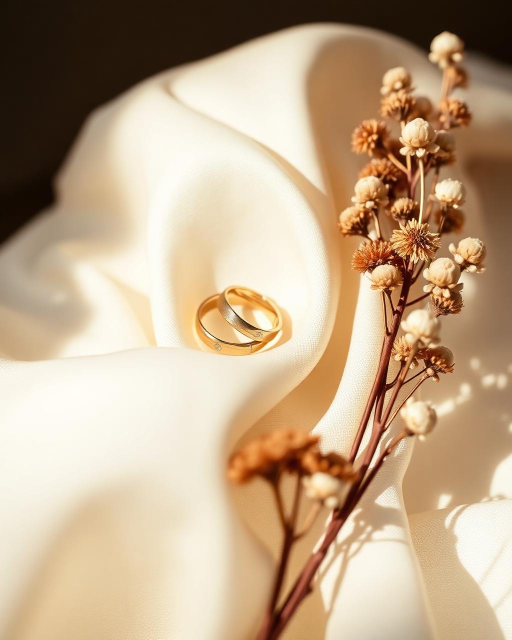 Gold wedding rings resting on ivory silk beside dried seasonal florals
