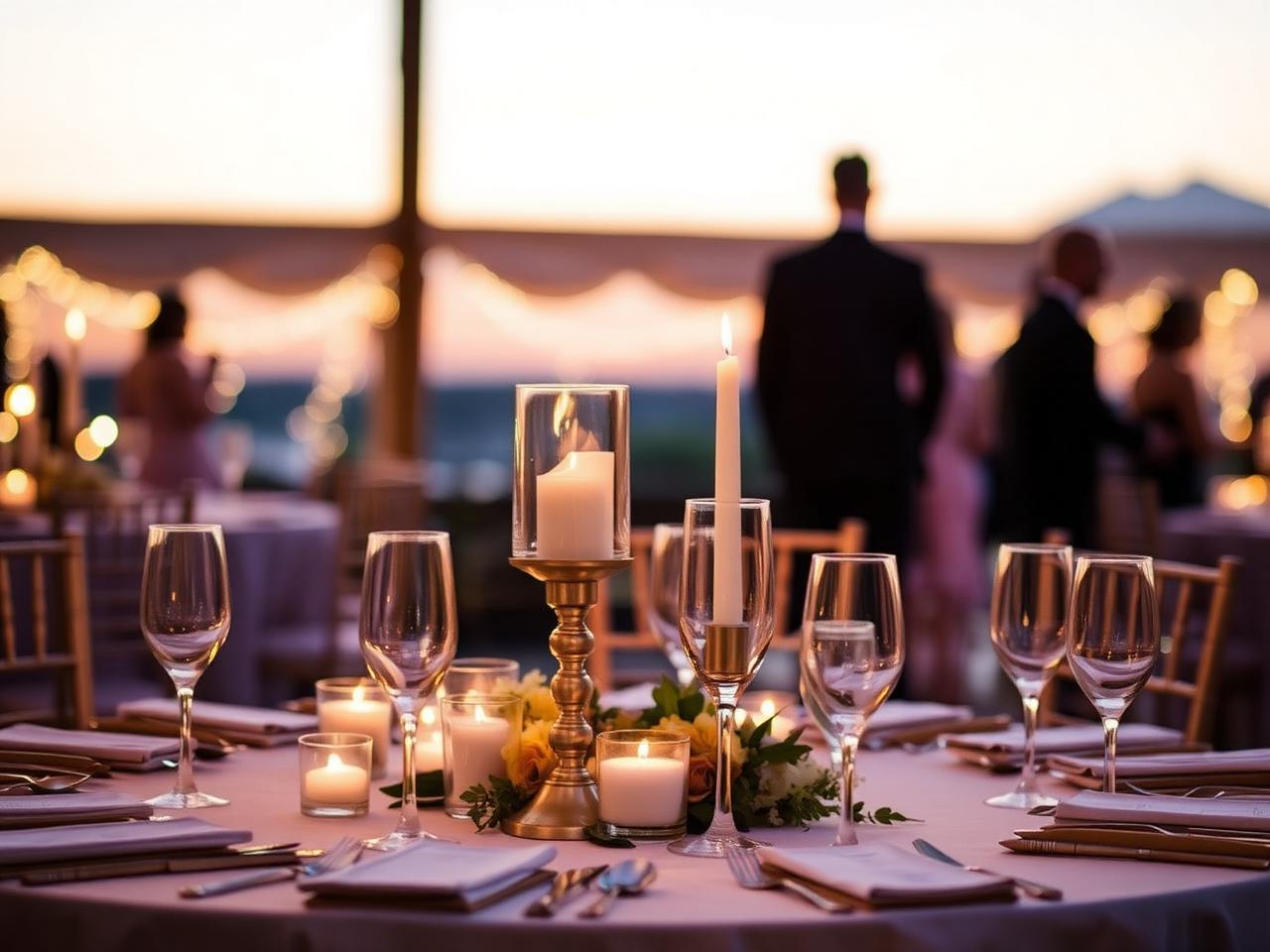 Candlelit wedding reception table at dusk with champagne gold accents